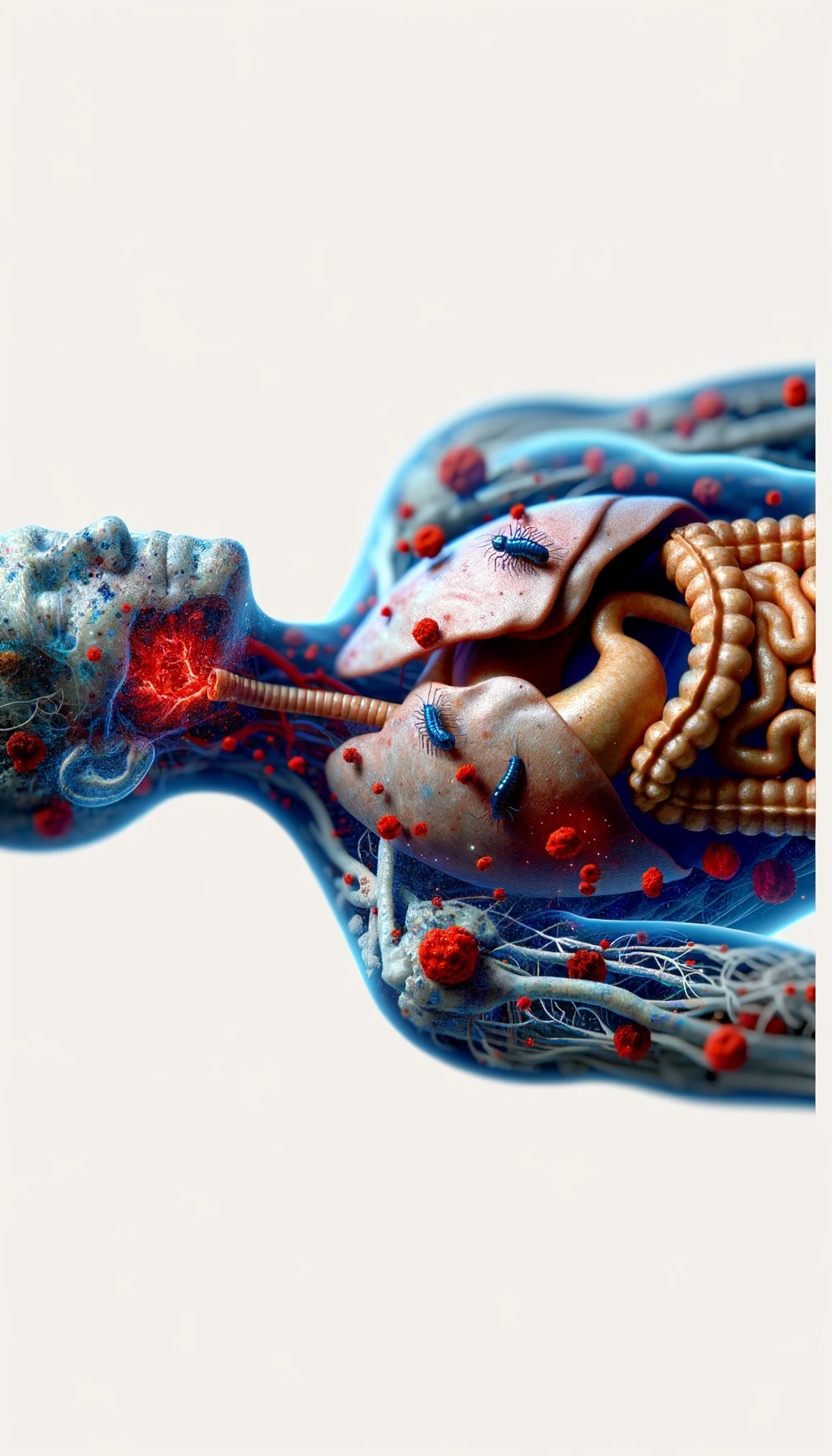 corpo umano anatomico con parassiti nell'intestino e red spot di infiammazione sparsi sul corpo, espressione di dolore in volto, iperrealistico 4k , sfondo bianco emoji