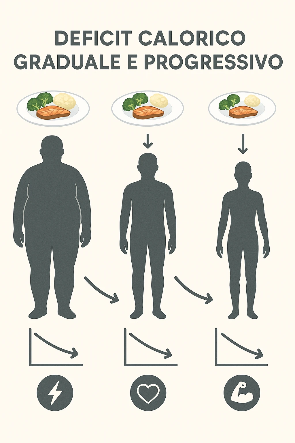 una sequenza di tre sagome umane affiancate, ognuna rappresenta una fase diversa di perdita di peso graduale. Sopra ogni figura, un piatto mostra porzioni di cibo bilanciate ma leggermente ridotte. Frecce e grafici illustrano una diminuzione lenta e costante dell’apporto calorico giornaliero, con icone che rappresentano energia, salute e mantenimento della massa muscolare. Sfondo pulito e moderno, con etichette chiare che spiegano “deficit calorico graduale e progressivo” in italiano emoji