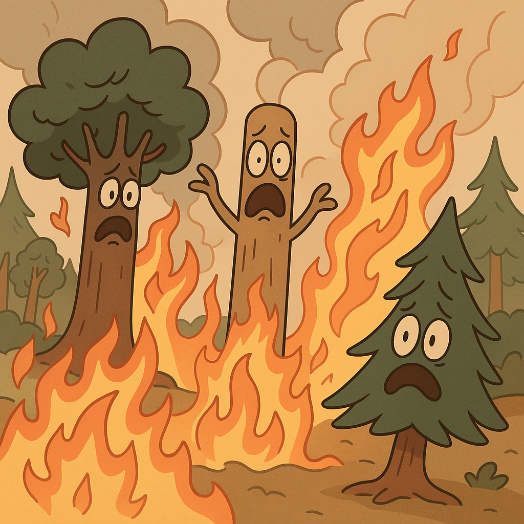 forest fire with expressive trees and fire in a cartoon style emoji