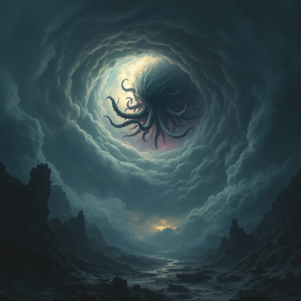 creature invading from a hole in the sky, dark cosmic horror, tentacles emerging, swirling clouds, dramatic, very close to the attached images emoji