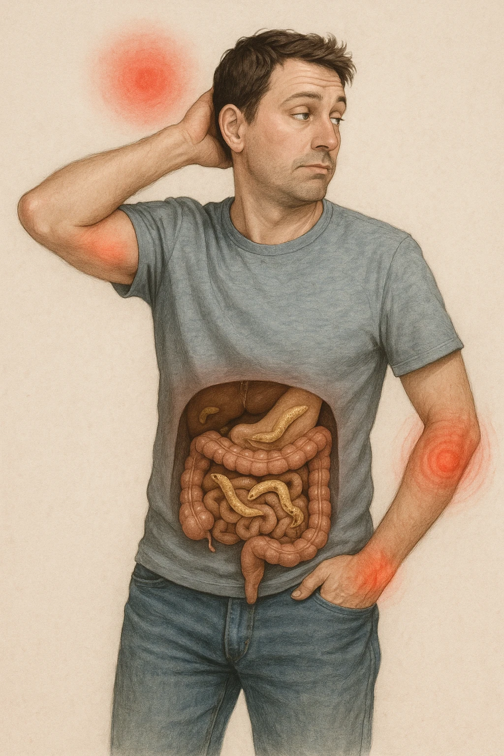 uomo che ignora i suoi un mal di testa, mal di schiena e dolore articolare e ignora ogni segnale e messaggio che il corpo manda per avvertirlo, ma alla fine dipendono tutto dai parassiti intestinali realistica emoji