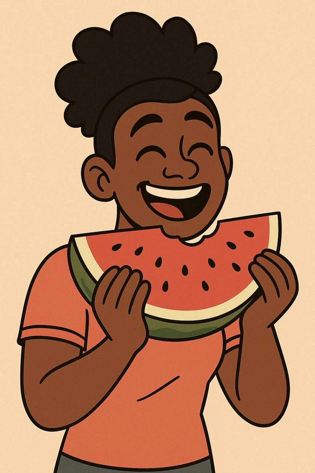 a Black person with a watermelon slice, happy expression, inclusive and uplifting, flat toon style emoji