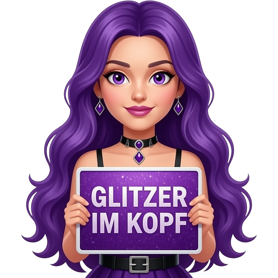 sexy girl with long purple hair and purple eyes wearing a halloween dress holding a GLITZER IM KOPF sign emoji