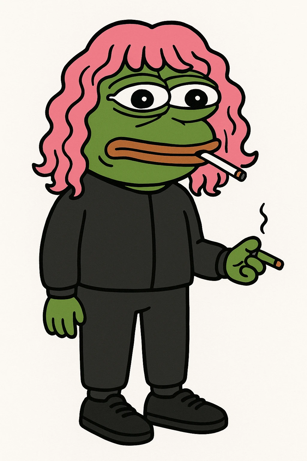 Edit the frog to stand upright wearing a plain black tracksuit without any logo, hoodie, or Adidas branding. The frog should wear sneakers and have a pink long curly hair wig. Remove any cap. Show only one cigarette with the mouth closed. emoji