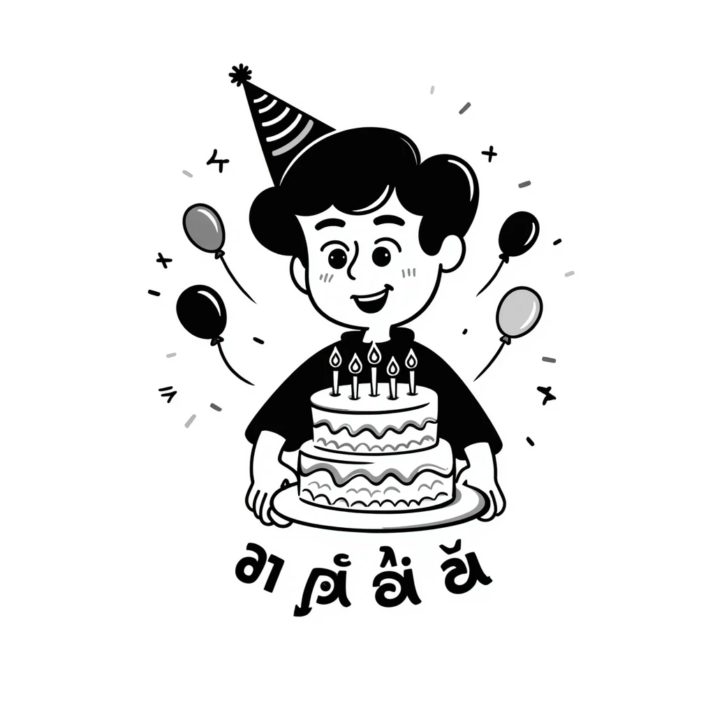 Extremely colorful and bright drawing of a cheerful boy with a birthday cake, rainbow colored decorations and party elements. At the bottom in large, bold, prominent Persian text write: "امیدرضا جان تولدت مبارک" emoji