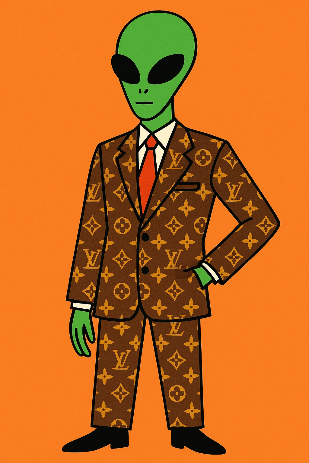 Green tall alien wearing Louis Vutton suit emoji
