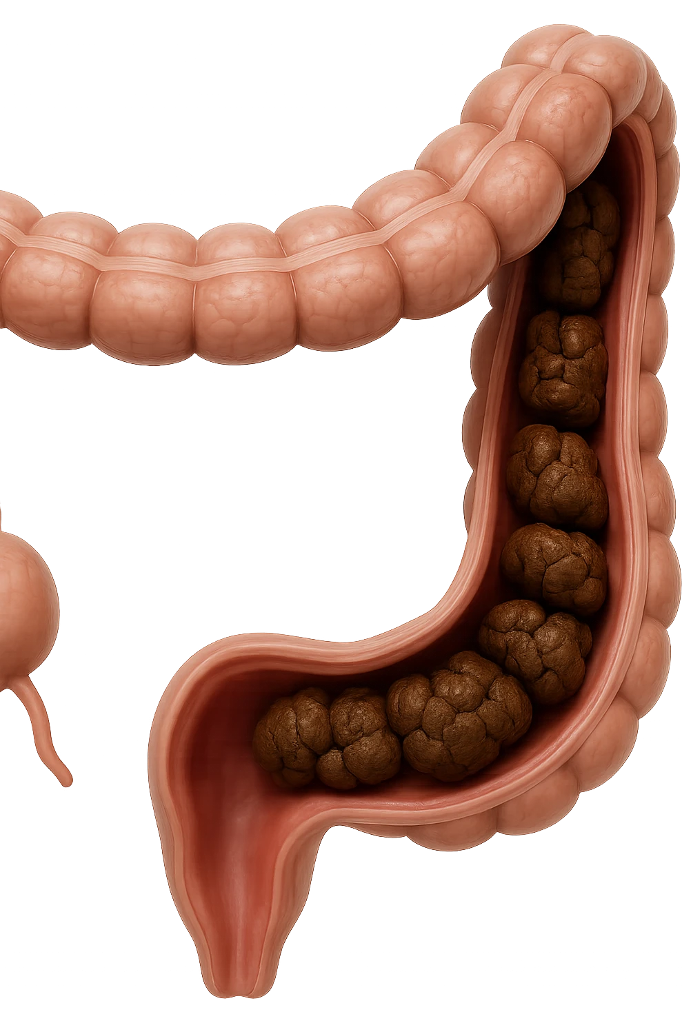 colon umano anatomico con feci a pallini all'interno, stipsi, iperrealistico 4k emoji