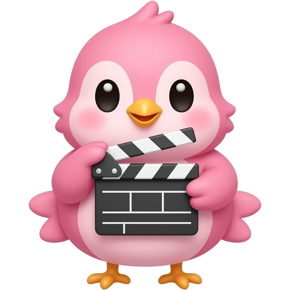 lovable small pink bird in a kawaii style holding a movie clapperboard. the image must be a transparent .png emoji