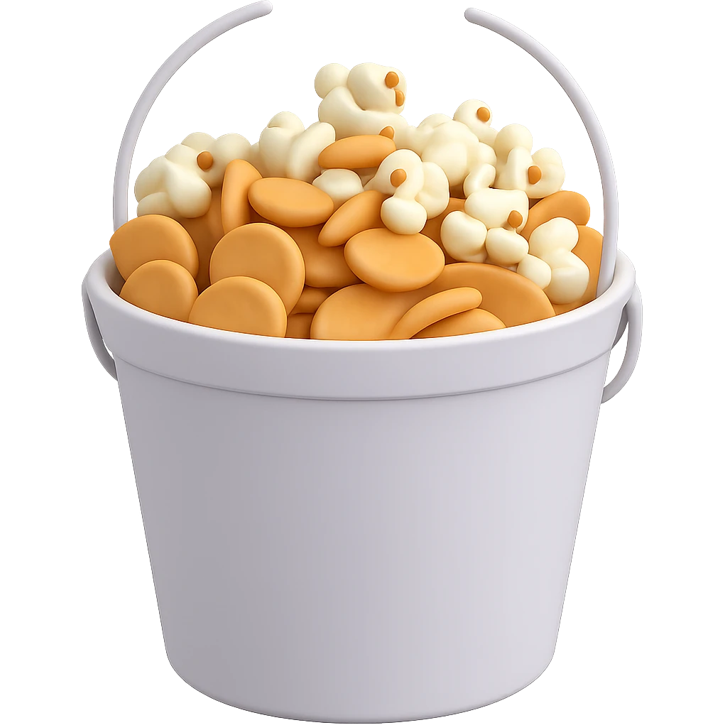 Add popcorn to the snacks bucket emoji in microsoft style 3d fluent emojis with no background, maintaining the 3D emoji style look and feel. emoji