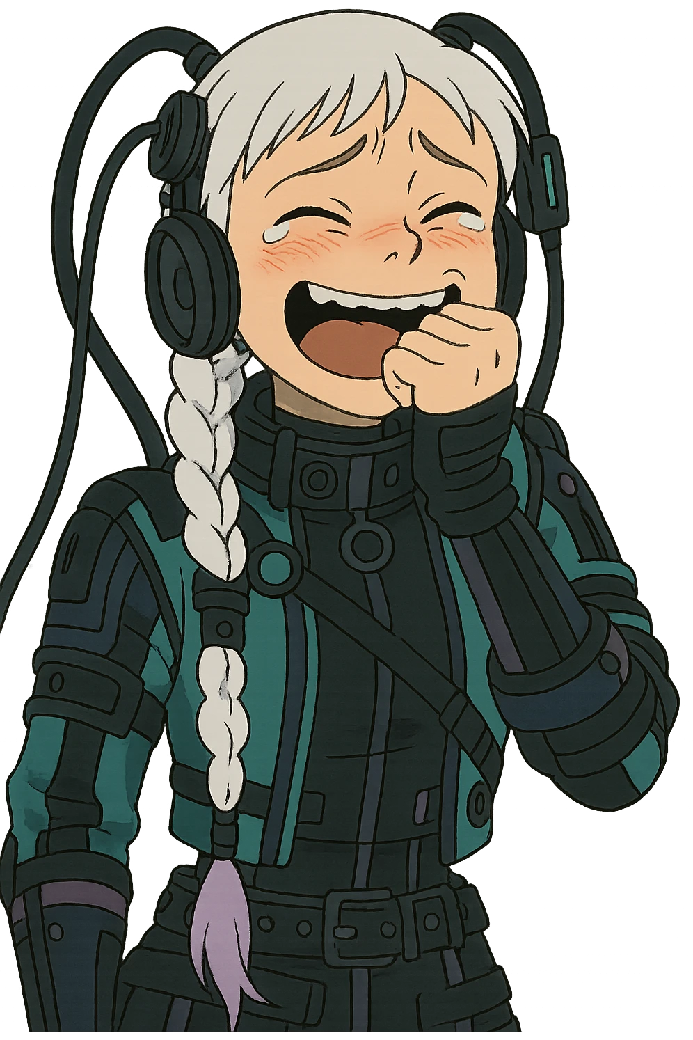 1 female, white braid with lavender tips. Cybergoth futurepunk, crying from laughter, “wheeze emoji” facial expression  emoji
