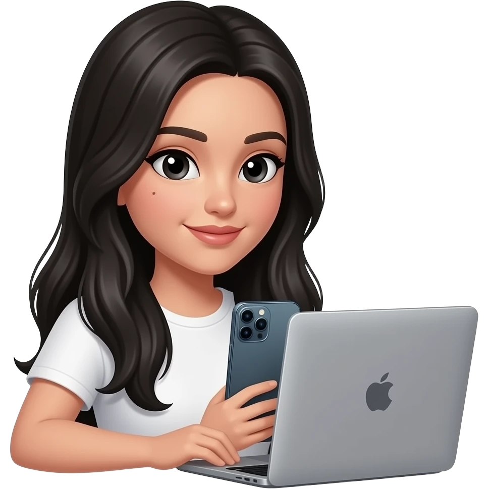 Mujer con cabello LARGO negro lacio con ligeras ondas, de piel normal NO morena, es importante con un lunar en el cachete derecho, con ojos negros, grabandose a ella misma y mirando el iphone 15 pro y una mackbook a su lado, con remera blanca NO CAMISA,  que no sonria y que mire en iphone emoji