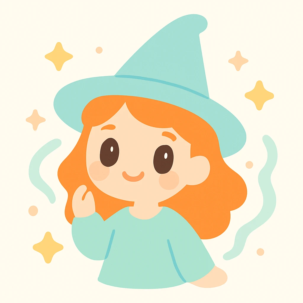 a ginger witch with bright orange hair, pointy hat, and magical aura, whimsical style, cute and charming emoji