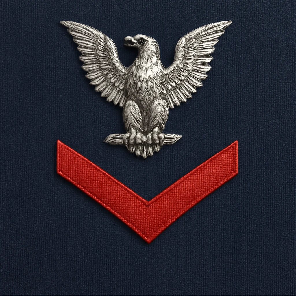 Make this U.S. Navy Petty Officer Third Class (E-4) insignia look more realistic, with a detailed and accurate silver eagle perched above one red chevron on an authentic navy blue uniform background. The insignia should have realistic textures and colors, reflecting the official navy uniform style and materials. emoji