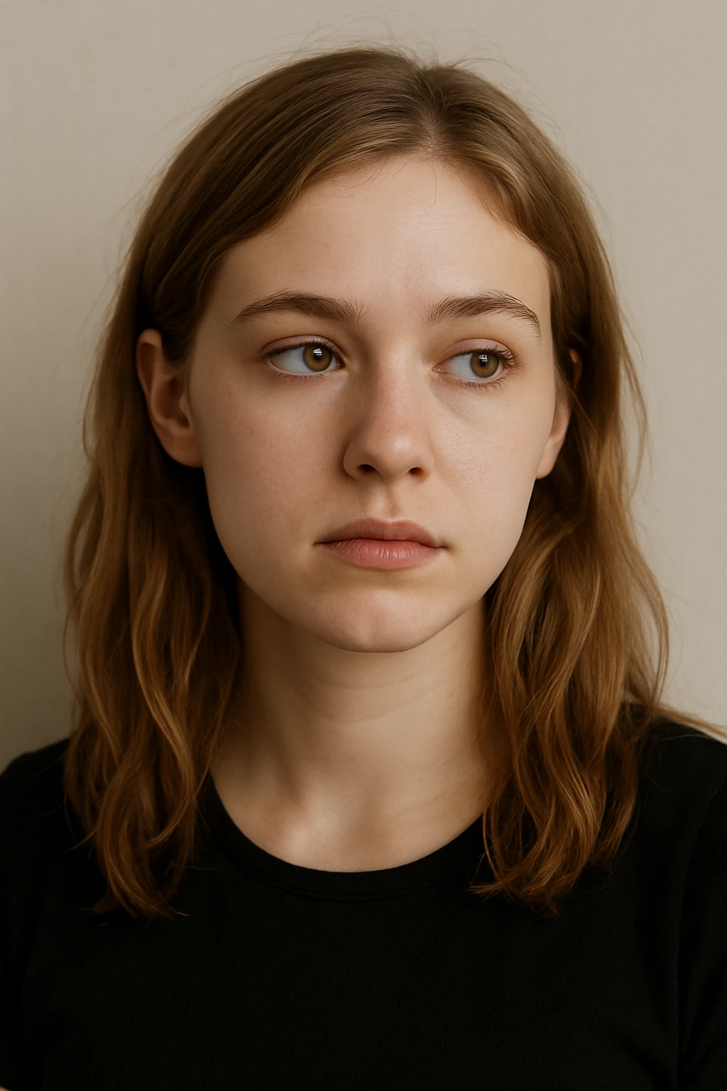 a white girl with dirty blond hair, hazel eyes, wearing a black top, looking to the side, neutral background emoji