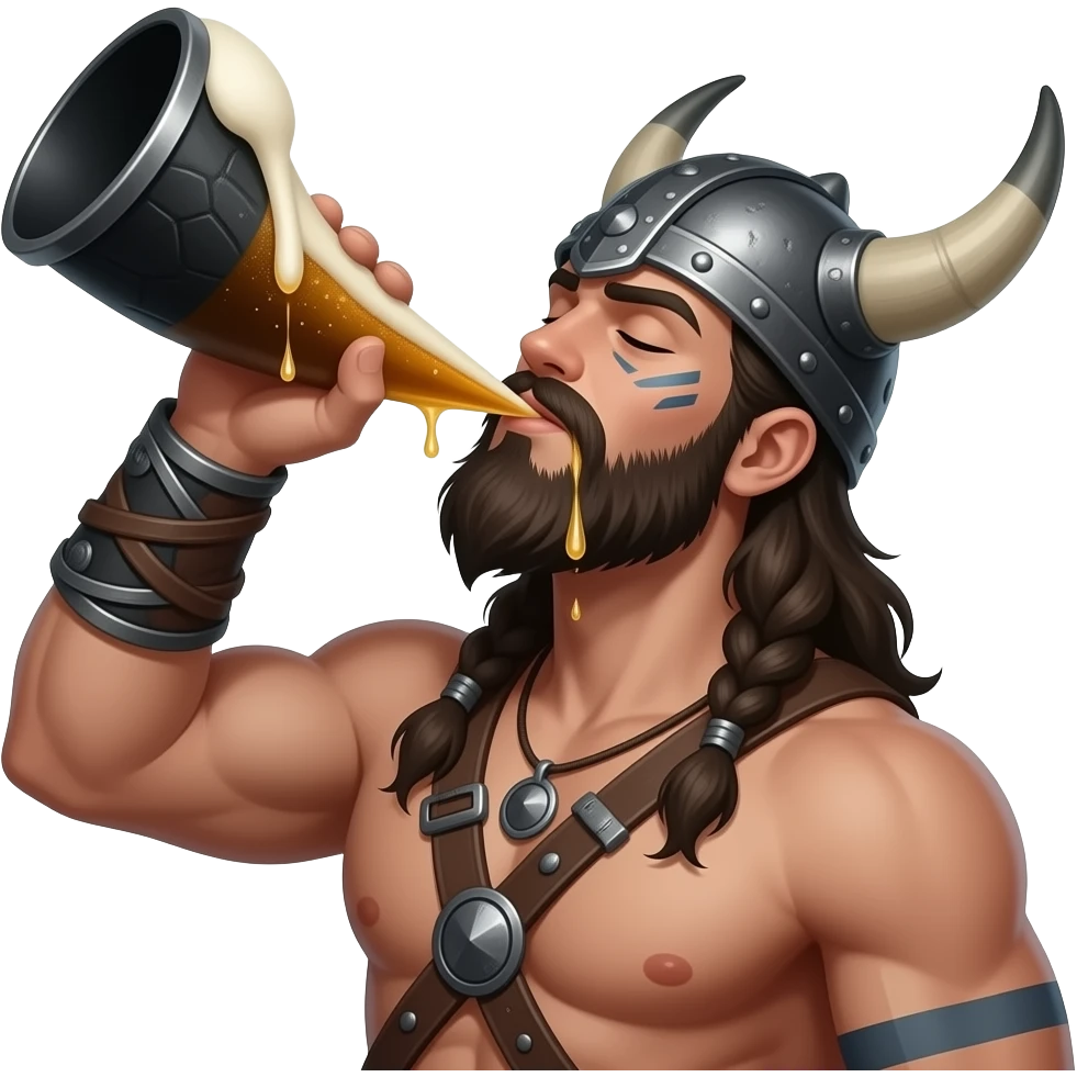 Dark haired sexy bearded viking  with viking helmet, eune tattoos and muscular no shirt, drinking beer out of the wide end of a very large Black horn,his head tilted up and eyes closed. Beer dripping down his beard. Fantasy. Realistic emoji