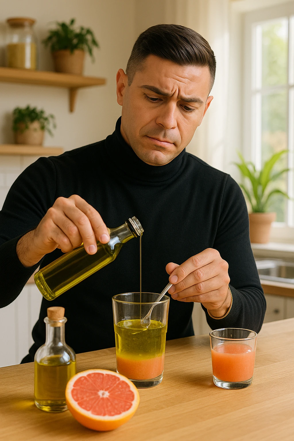 A realistic, warm-toned photo-style image of a man in his kitchen preparing a liver and gallbladder flush. On the counter, there is a small glass bottle of high-quality extra virgin olive oil with a rich green hue, and a freshly cut pink grapefruit with a small glass of its juice next to it. The man, in his mid-30s, looks focused and slightly apprehensive as he mixes the olive oil and grapefruit juice in a clear glass, preparing to drink it as part of a natural gallbladder cleanse. The background is clean, bright, and minimalist with wooden countertops, green plants, and sunlight coming through the window, giving a sense of natural health practices. The mood conveys a realistic moment of alternative health care, illustrating the preparation and intention for a natural flush to address gallstones, while maintaining a calm, educational, and hopeful tone emoji