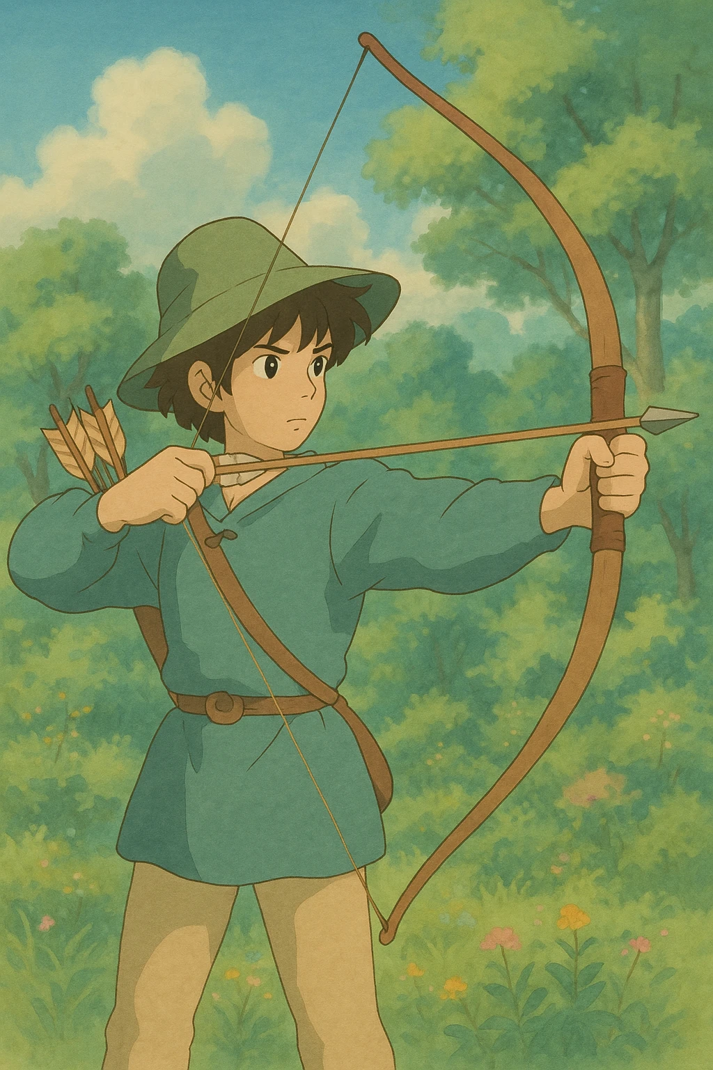 archer, ghibli style, soft colors, whimsical emoji