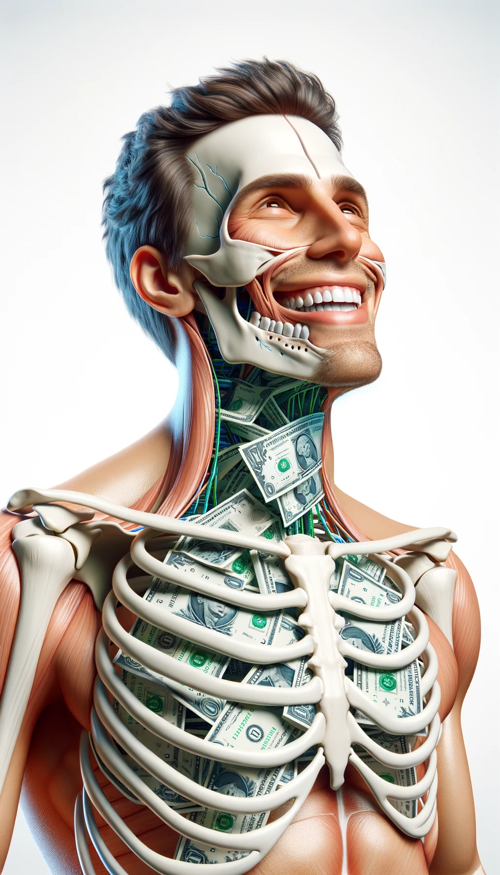 corpo umano anatomico sereno e felice con una montagna di banconote davanti al viso, espressione stupita, iperrealistica 4k, isolato su sfondo bianco emoji