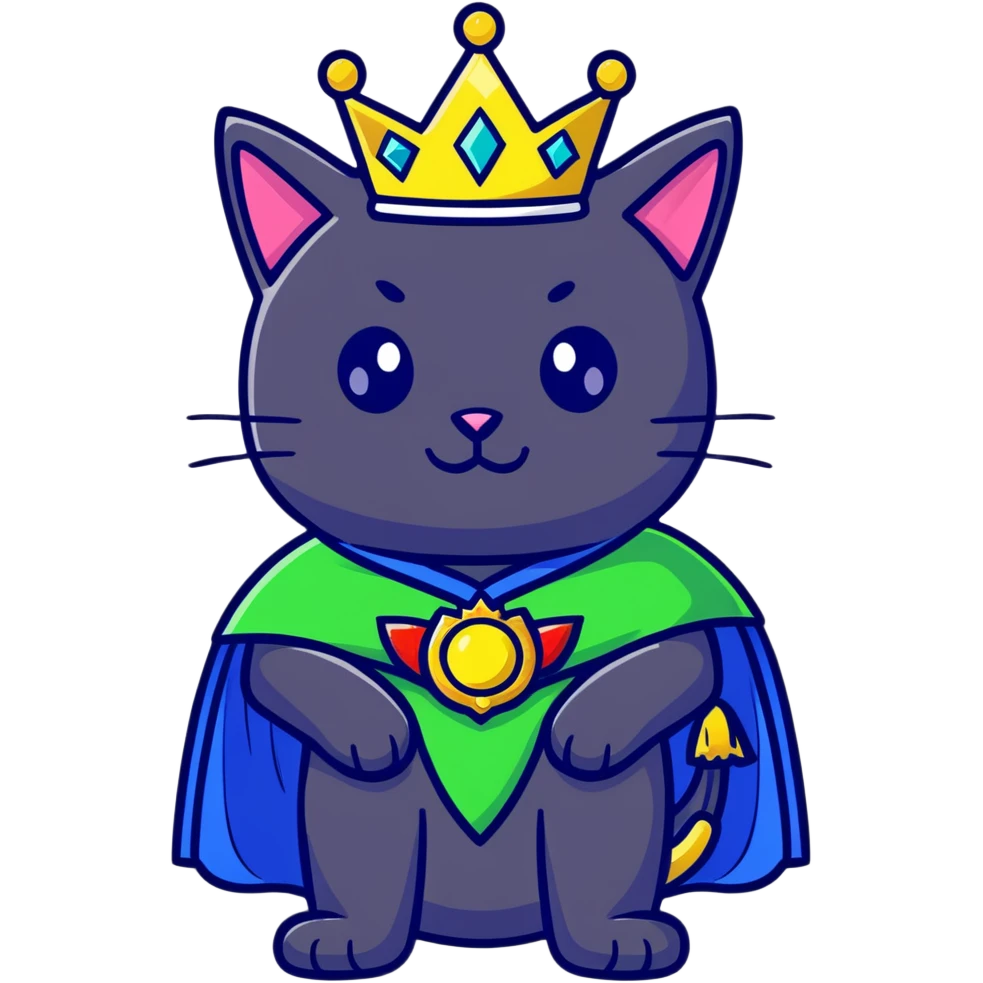 black cat with brilliant neon green eyes wearing a royal blue cape trimmed in gold and a crown with jewels emoji