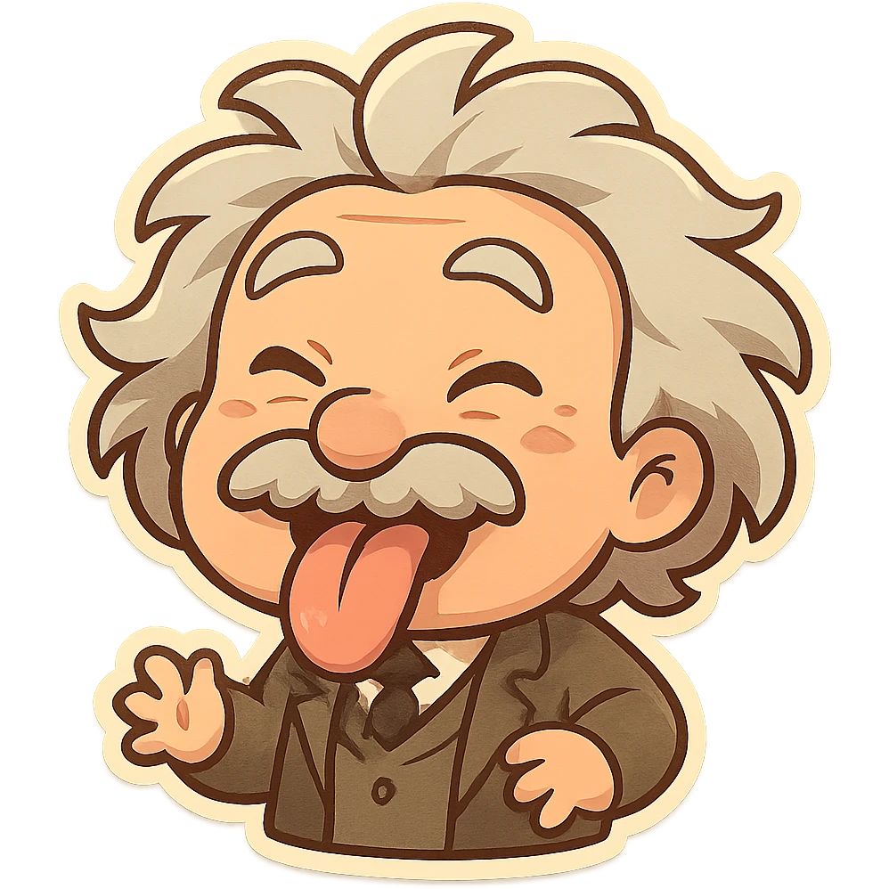 Einstein sticking out his tongue, cartoon style, zany face, playful and exaggerated expression emoji