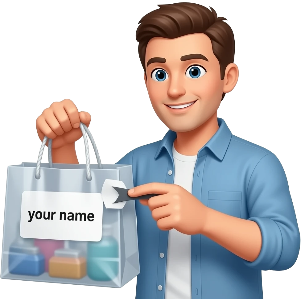 man actively checking name label on plastic shopping bag handle. informally dressed and oversized name label attatched to bag handle says "your name" on it emoji