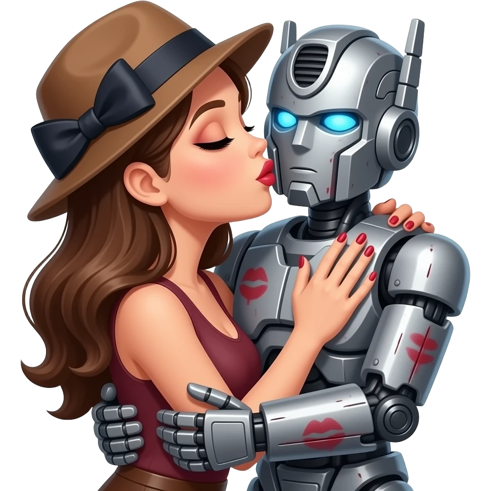 Make a woman with a hat kisssing the transformer with lipstick and nails and eyeshadows with a bow on her head and hugging the transformer. The transformer now had lipstick marks and the transformer also hugs the woman emoji