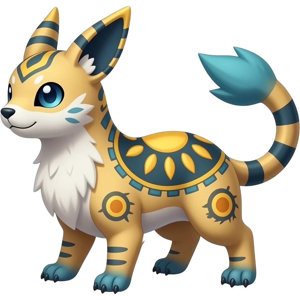 Sun-patterned ancient Short-legged quadrupedal elegant oriental feral painted Absol-Glaceon-Sylveon-animal-Fakémon-fusion-hybrid-creature emoji
