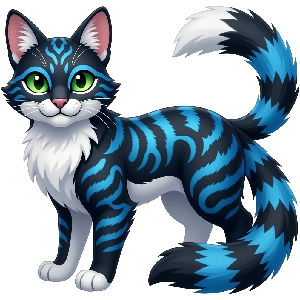 Colorful dark tropical gradient-colored cobalt-blue, black, white fur, with green eyes, iridescent glorious divine exotic cute cool beautiful shiny fantasy-caracal-civet-genet-sergal-vernid-Cacomistle-Furret-civet-oncilla-animal-Fakémon-hybrid-fursona with pattern markings (full body) emoji