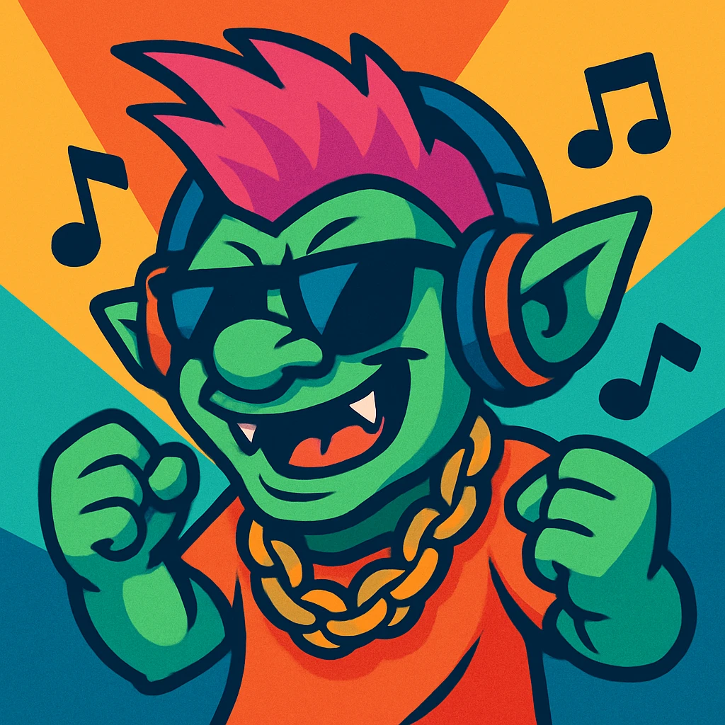mischievous troll character with headphones, sunglasses, and a gold chain, vibing to phonk music, vibrant toon style emoji