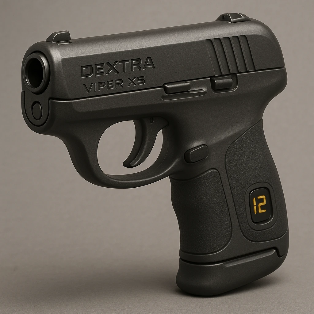 realistic depiction of the Dextra Viper X5 semi-automatic handgun, angled to show both slide and grip, emphasize compact rounded exterior, matte graphite finish, ergonomic grip with overmold panels, digital ammo counter on rear grip, designed for deep concealment and rapid draw emoji