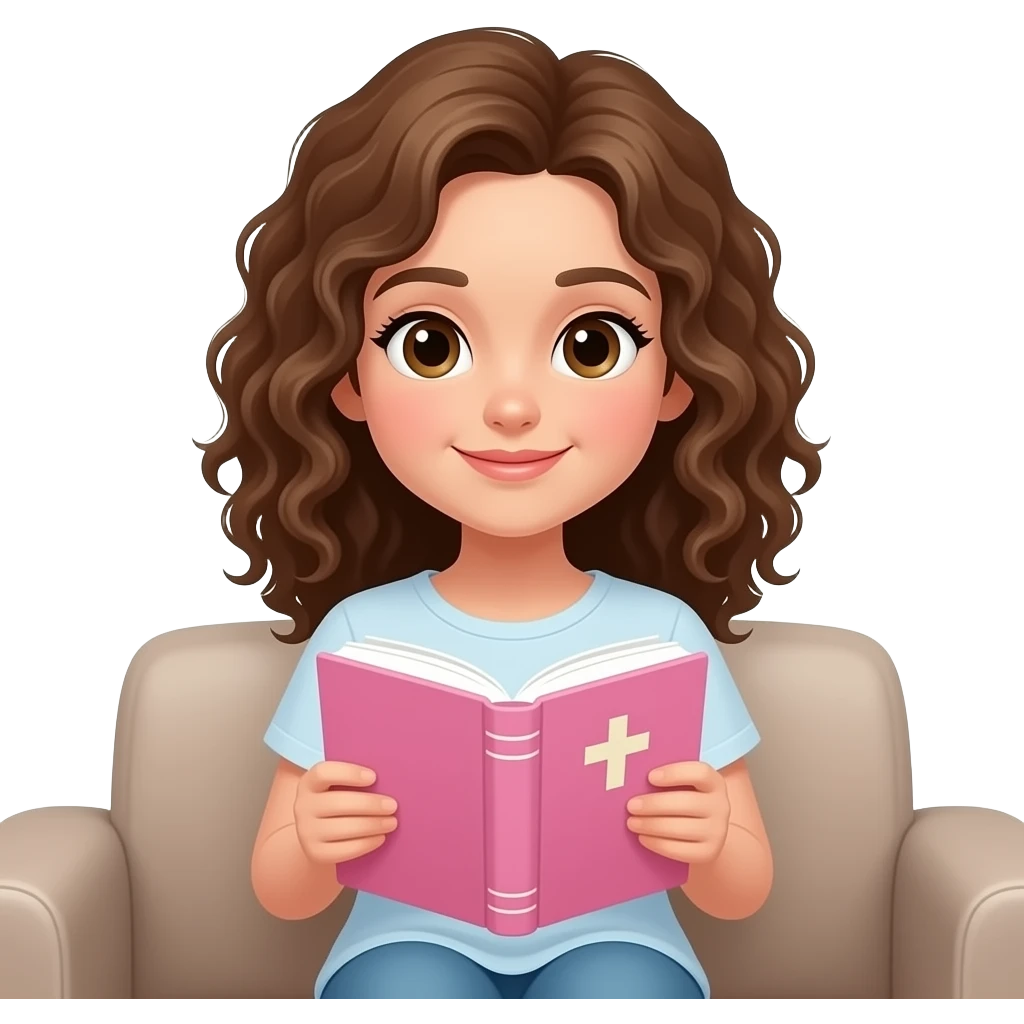 Chica con en pelo rizado color castaño y piel Blanca, sentada en un sofá con una biblia rosa emoji