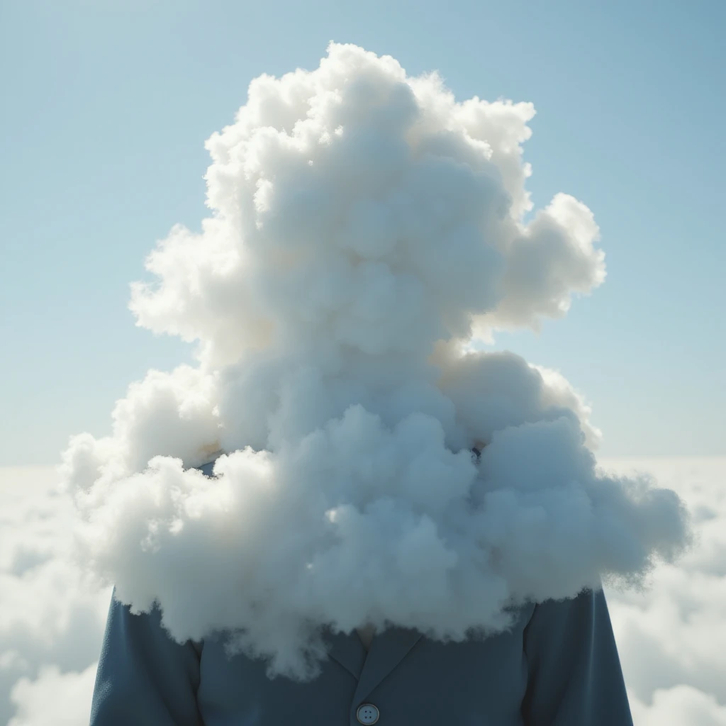 person, upper body up to the shoulders entirely composed of voluminous clouds, clouds forming the silhouette, realistic illustration emoji