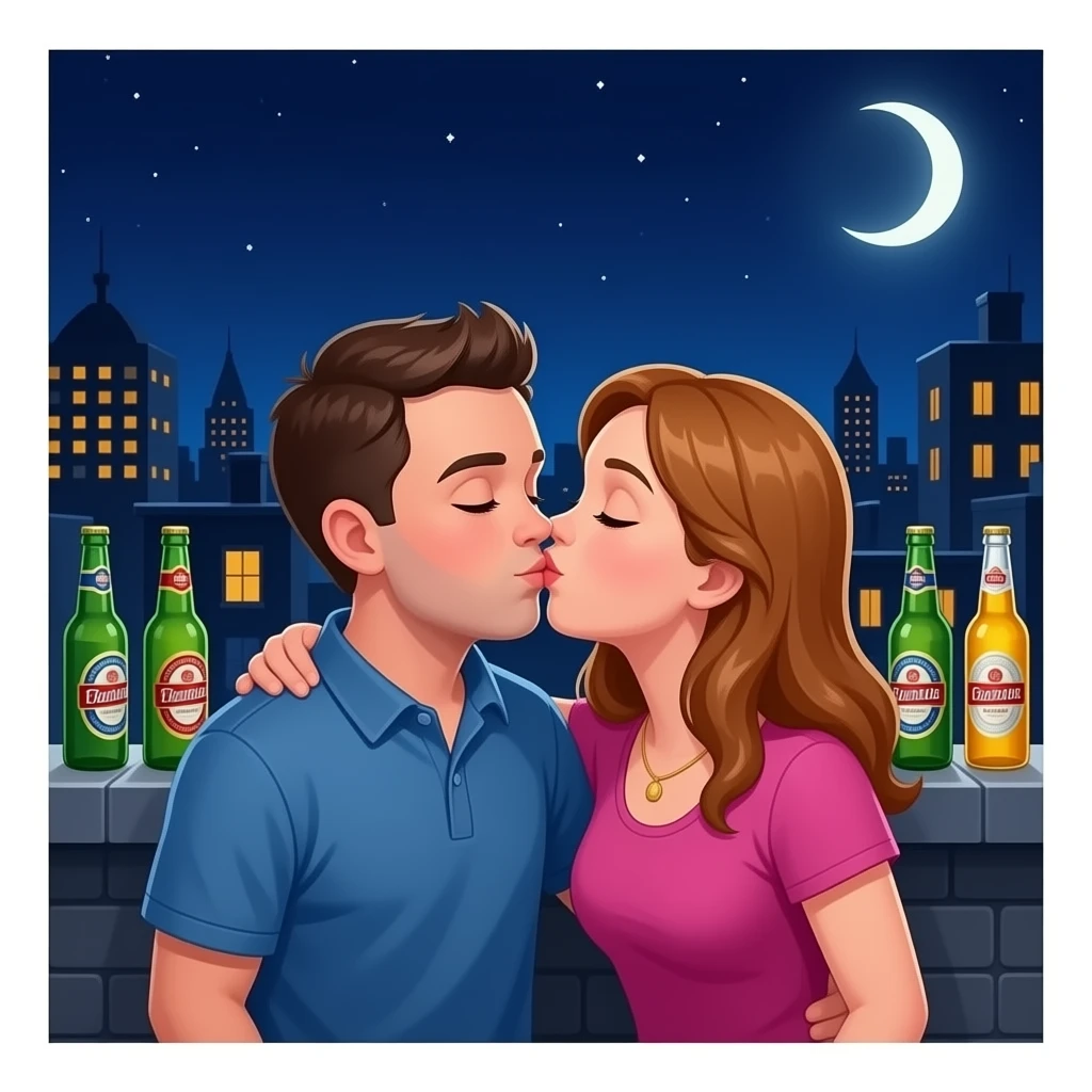 A man named Jack who has downsyndrome and LOVES his girlfriend Abby and they are kissing on top of a strip club roof we beer bottles near them emoji