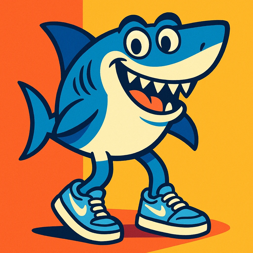 shark with legs wearing light blue Nike sneakers, vibrant cartoon style, bright colors, funny expression emoji