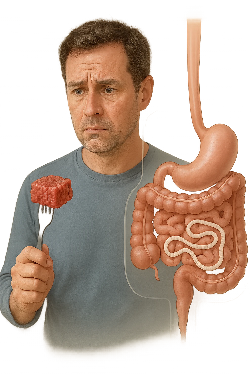 A realistic, high-quality medical illustration showing a concerned man in his early 40s holding a piece of raw beef tartare on a fork, looking at it with a worried expression. Behind him, a transparent overlay of his digestive system reveals the presence of Taenia saginata (beef tapeworm), depicted as a long, segmented white worm inside his intestines, symbolizing the infection. The environment is a kitchen with bright but neutral lighting, creating a serious educational tone. Subtle anatomical highlights and clean medical graphics convey the concept of parasite transmission through undercooked beef, emphasizing food safety and health awareness. emoji