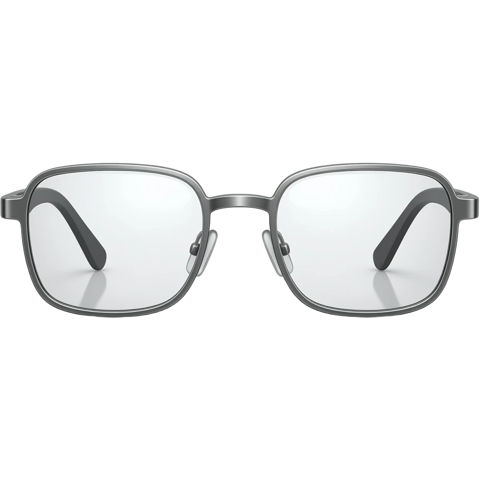 Highly polished small rectangular silver-rimmed spectacles with thin metal frames, resting on a flat, broad nose bridge, detailed metal nose pads visible, cinematic lighting with realistic glass reflections, clean and professional design emoji