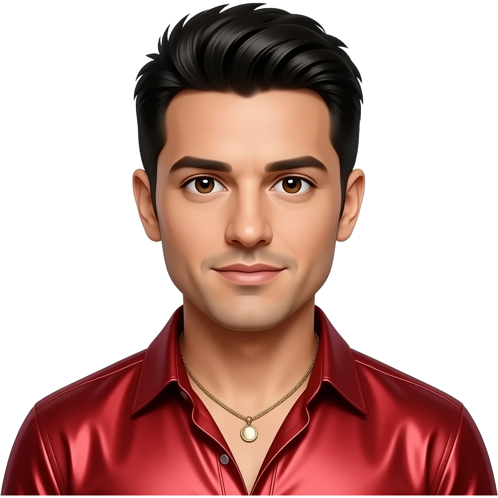 Jordan Knight from NKOTB with brown eyes, black hair, red metallic shirt, necklace emoji