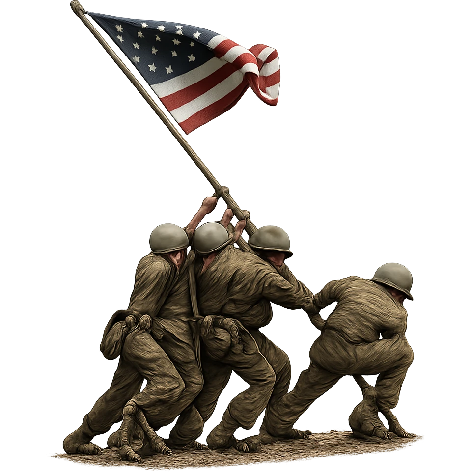 three soldiers pushing a flagpole, inspired by the Raising the Flag on Iwo Jima photo, realistic and dynamic composition, no text, suitable for an icon emoji