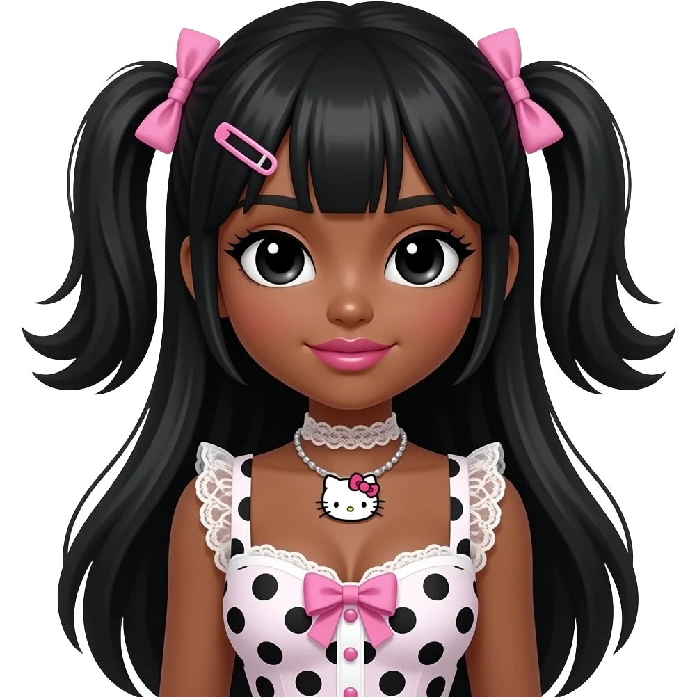 black girl, pink lips, my melody hairclip, dark brown skin, Doll faced shaped, hello kitty necklace, bimbo, black doll eyes, Big lips, long black hair, with white or black lace pink polka dots with gyaru sleeveless shirt, with hime gyaru bows, big breast emoji