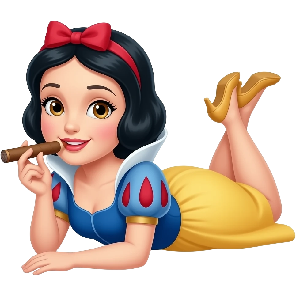 Snow white, lying down, on her stomach, with her legs bent, smoking a cigar emoji