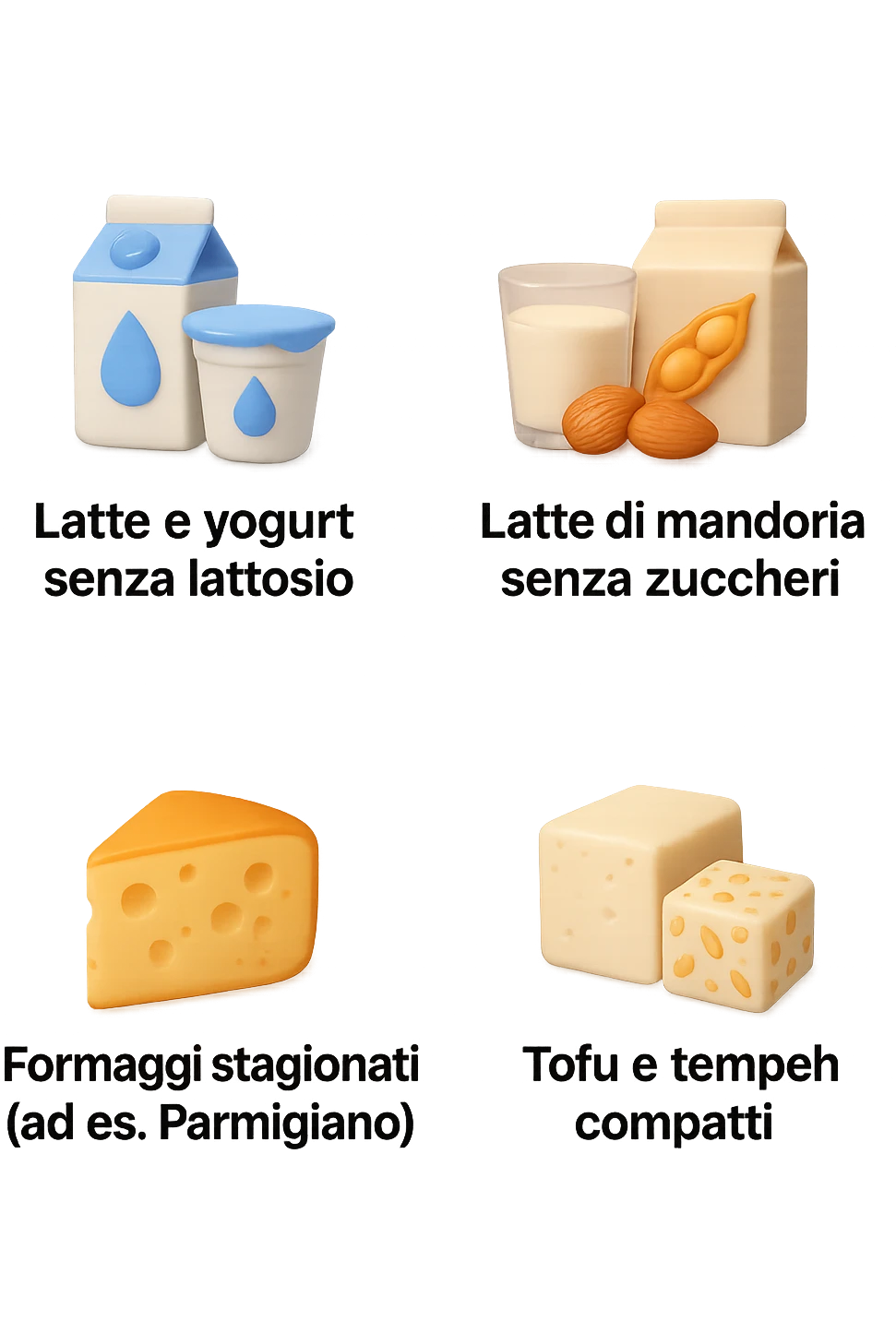 emoji stile iphone 3d di questi elementi che fluttuano in aria:

Latte e yogurt delattosati
Latte di mandorla (non zuccherato)
Latte di soia da proteine isolate
Formaggi stagionati (es. parmigiano)
Tofu compatto e tempeh
 che fluttuano in aria,  le etichette scrivile in italiano, iperealistico 4k emoji