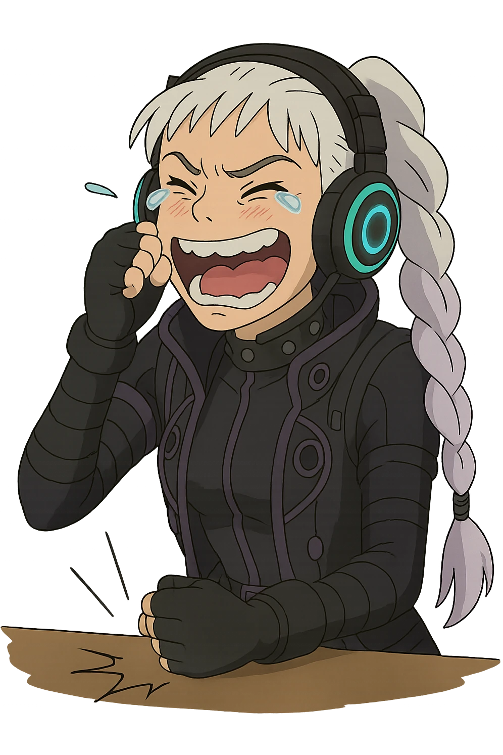 1 female, single long white braid with lavender tips. Cybergoth futurepunk, crying from laughter, pounding her fist on a table, “wheeze emoji” facial expression, hilarious  emoji