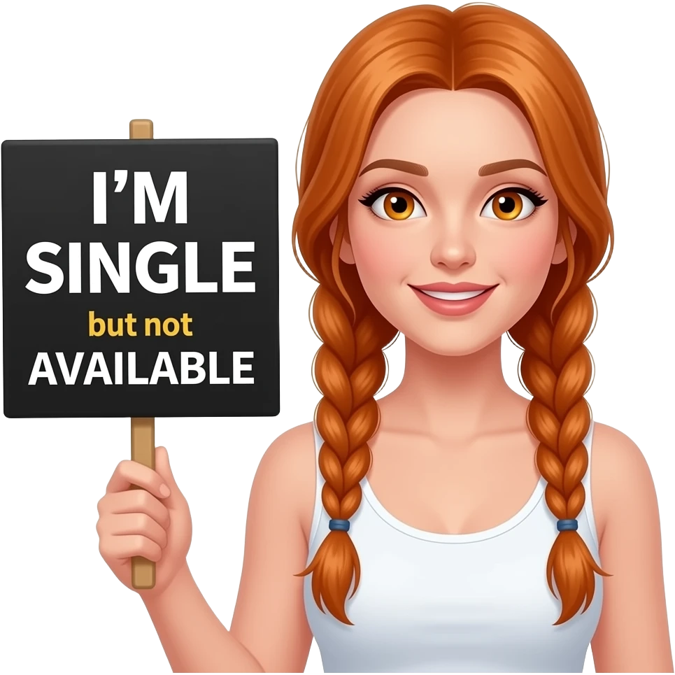 sexy girl with long ginger braids and ginger eyes wearing a white tanktop is holding a black sign with I'M SINGLE but not AVAILABLE written on it emoji
