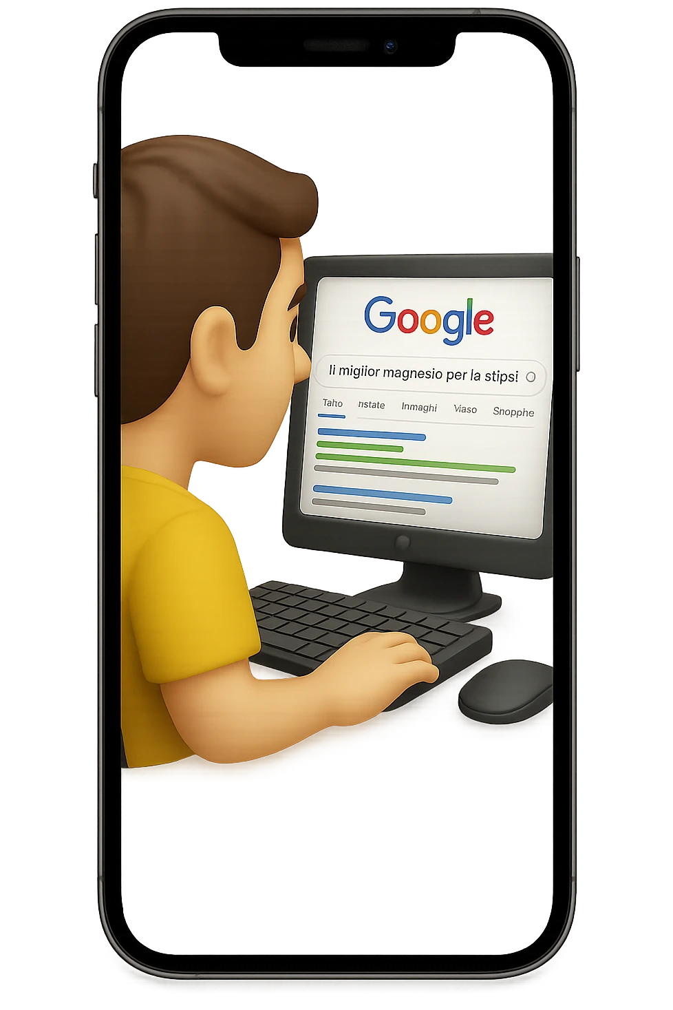 emoji stile iphone di un uomo davanti al pc che cerca di google: "Il miglior magnesio per la stipsi", iperrealistico 4k emoji