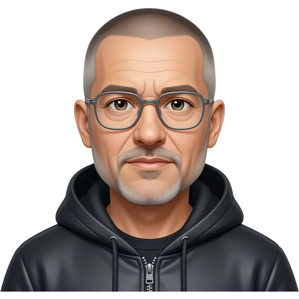 shaved short hair full-length photo of extreme streetwear clean-shaven face cool boy thin metal-framed glasses ery entellectual man, 65 years old, street wear stubble, shaved short with clippers emoji