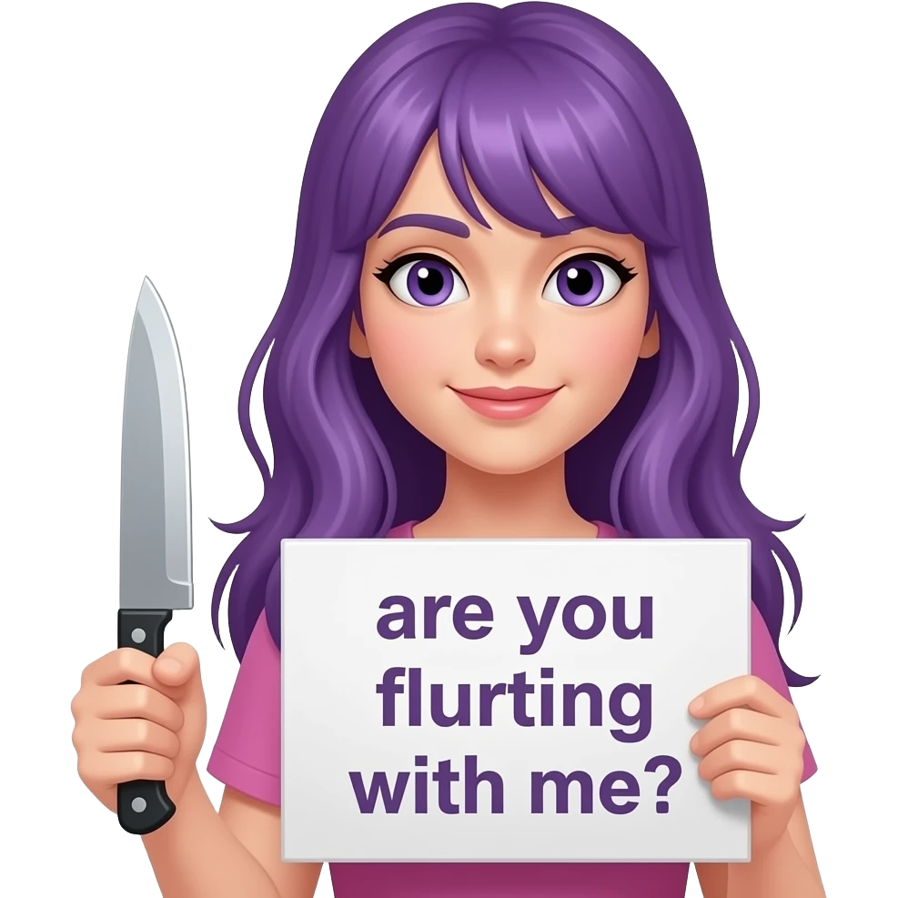 girl with long purple hair with a A KNIFE... are you flirting with me? sign emoji