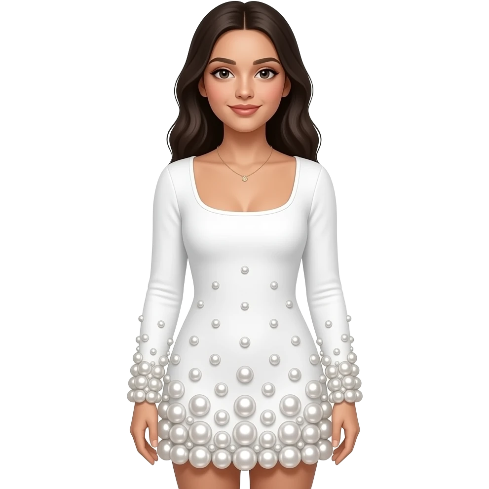Olivia Rodrigo wears a white long-sleeved shift mini dress with a clean boat neckline and throughout the dress is a gradient arrangement of oversized 3D pearls, cluster densely at the hem and cuffs before thinning out toward the waist and mid-arms emoji