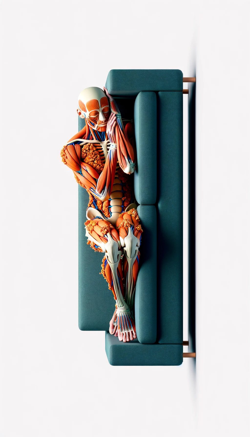 corpo umano anatomico che dorme sul divano, iperrealistico 4k, isolato su sfondo bianco emoji