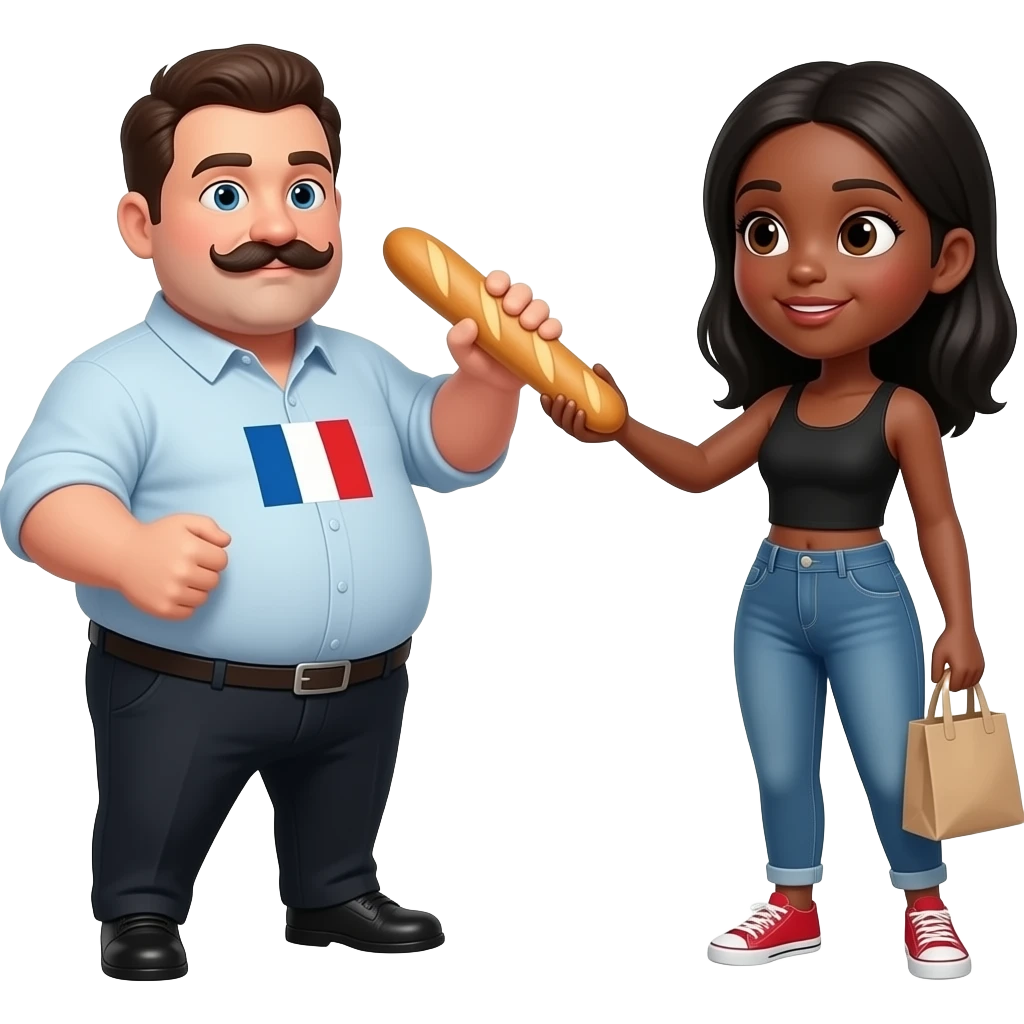 Fat French mustache man who is hitting a black girl with a baguette emoji