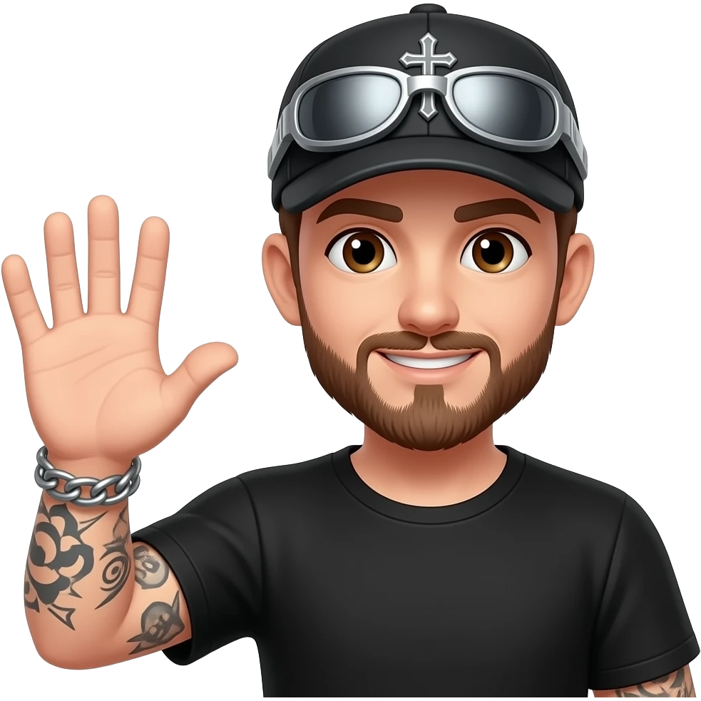 Brown eyes, rock-style cap (not reversed) with metallic clips on the cap visor , rock cross on the cap , black teeshirt, saying hi, no tattoo , no chain, short hair , brown beard, no withstand, saying hi with hand emoji